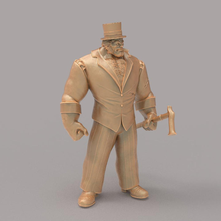 Unpainted 3D printed resin miniature of Mr. Hyde wearing a top hat and suit, holding a cane, in terracotta clay color.