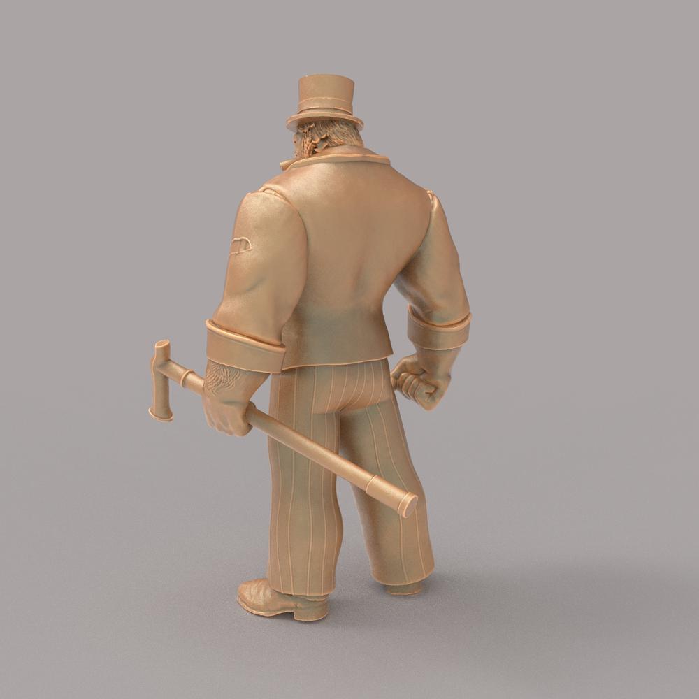 Unpainted terracotta-colored 3D resin miniature of Mr. Hyde wearing a top hat and holding a cane, rear view.