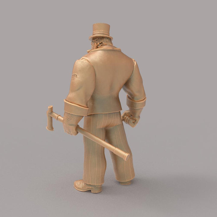 Unpainted terracotta-colored 3D resin miniature of Mr. Hyde wearing a top hat and holding a cane, rear view.