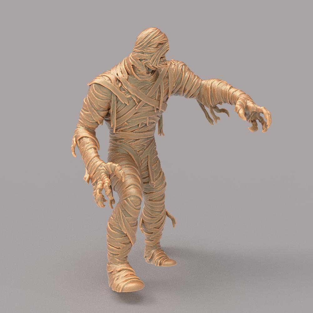 Unpainted terracotta-colored 3D printed resin miniature of a mummy in a reaching pose for dioramas and wargaming.