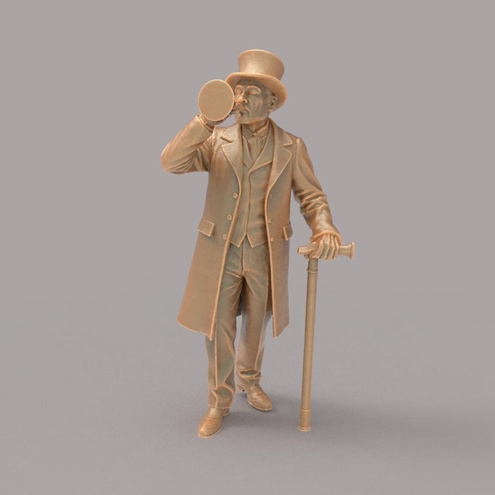Unpainted terracotta-colored 3D printed miniature of Dr. Jekyll in a top hat and Victorian suit, drinking from a glass.