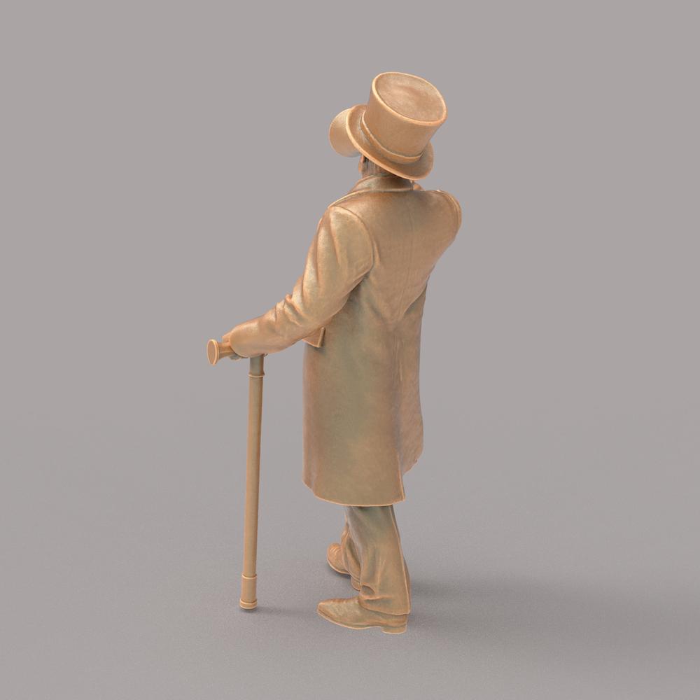 Unpainted terracotta resin 3D model of Dr. Jekyll wearing a top hat and long coat while holding a walking cane.
