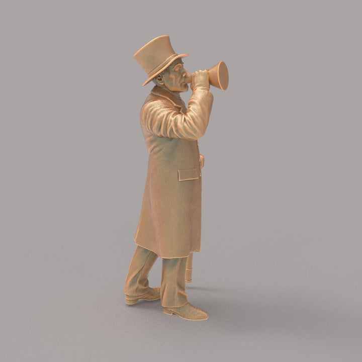 Unpainted terracotta-colored 3D printed miniature of Dr. Jekyll wearing a top hat and coat, holding a megaphone.