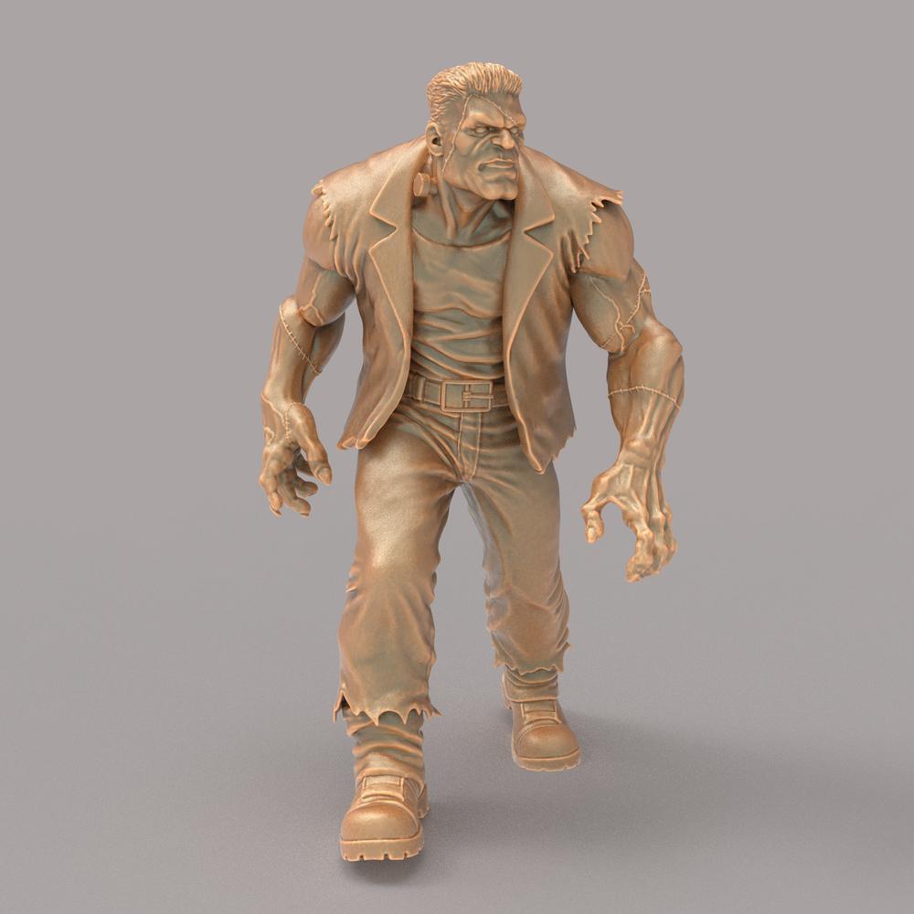Unpainted terracotta-colored 3D resin miniature of Victor Frankenstein featuring detailed stitching and rugged clothing.