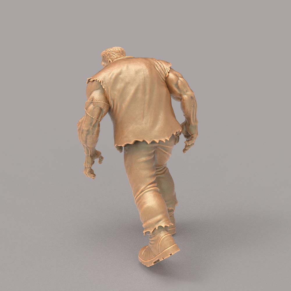 Unpainted 3D printed resin miniature of Victor Frankenstein showing back detail, stitches, and tattered clothing.