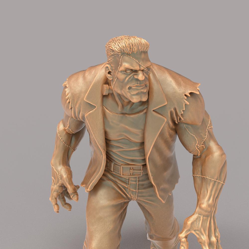 Unpainted terracotta-colored 3D resin model of Victor Frankenstein with detailed stitches and a rugged jacket.