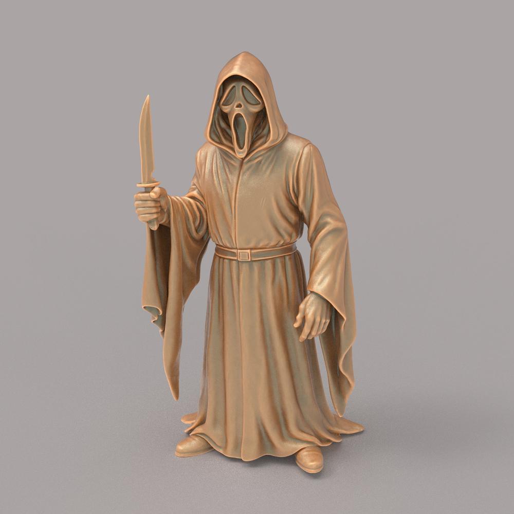 Unpainted terracotta-colored 3D resin scale model of the Scream Ghostface character holding a knife.