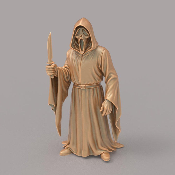 Unpainted terracotta-colored 3D resin scale model of the Scream Ghostface character holding a knife.