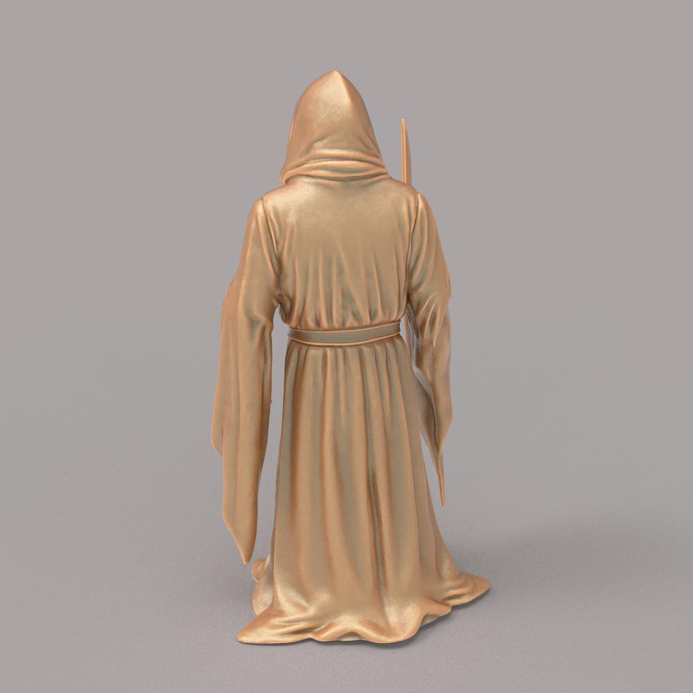 Unpainted terracotta-colored 3D resin model of a hooded Ghostface figure standing in a long flowing robe.