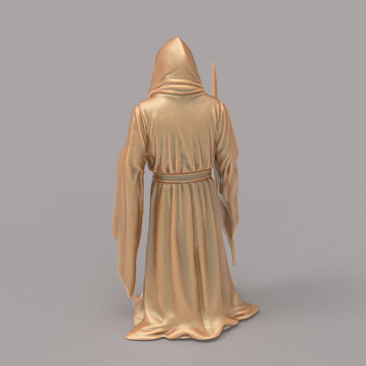 Unpainted terracotta-colored 3D resin model of a hooded Ghostface figure standing in a long flowing robe.