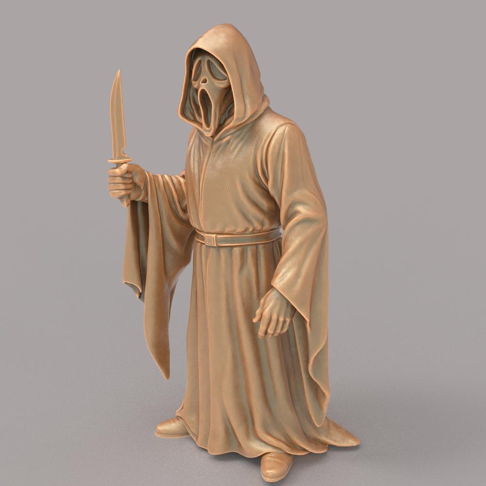 Unpainted terracotta-colored 3D resin miniature of the Scream Ghostface character holding a knife in a hooded robe.