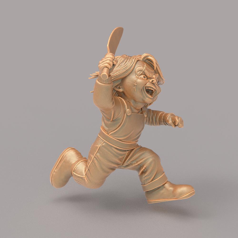 Unpainted terracotta resin 3D model of Chucky running with a knife, designed for hobbyists and diorama builders.