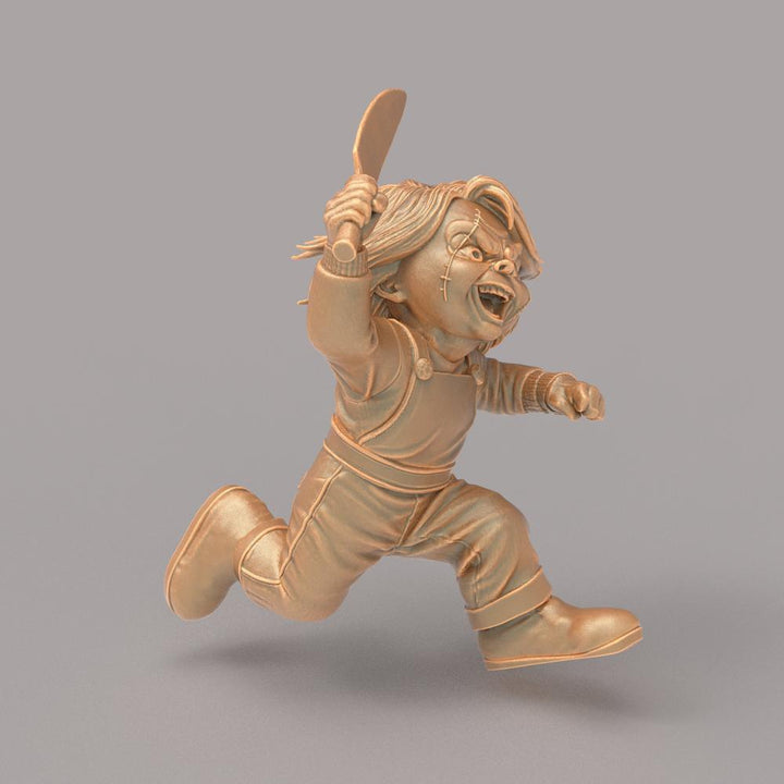 Unpainted terracotta resin 3D model of Chucky running with a knife, designed for hobbyists and diorama builders.