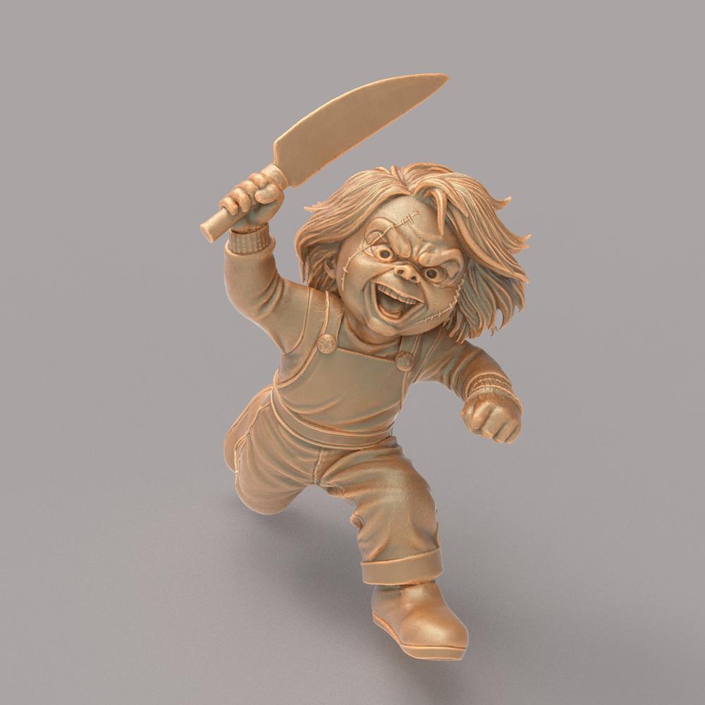 Unpainted terracotta resin 3D model of Chucky holding a knife, designed for hobbyists and diorama builders.