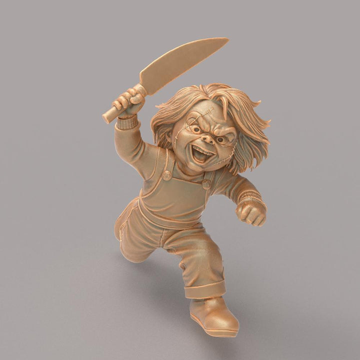 Unpainted terracotta resin 3D model of Chucky holding a knife, designed for hobbyists and diorama builders.