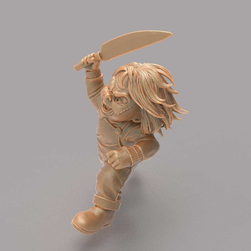 Unpainted terracotta resin 3D model of Chucky holding a knife, featuring detailed facial scars and textured clothing.