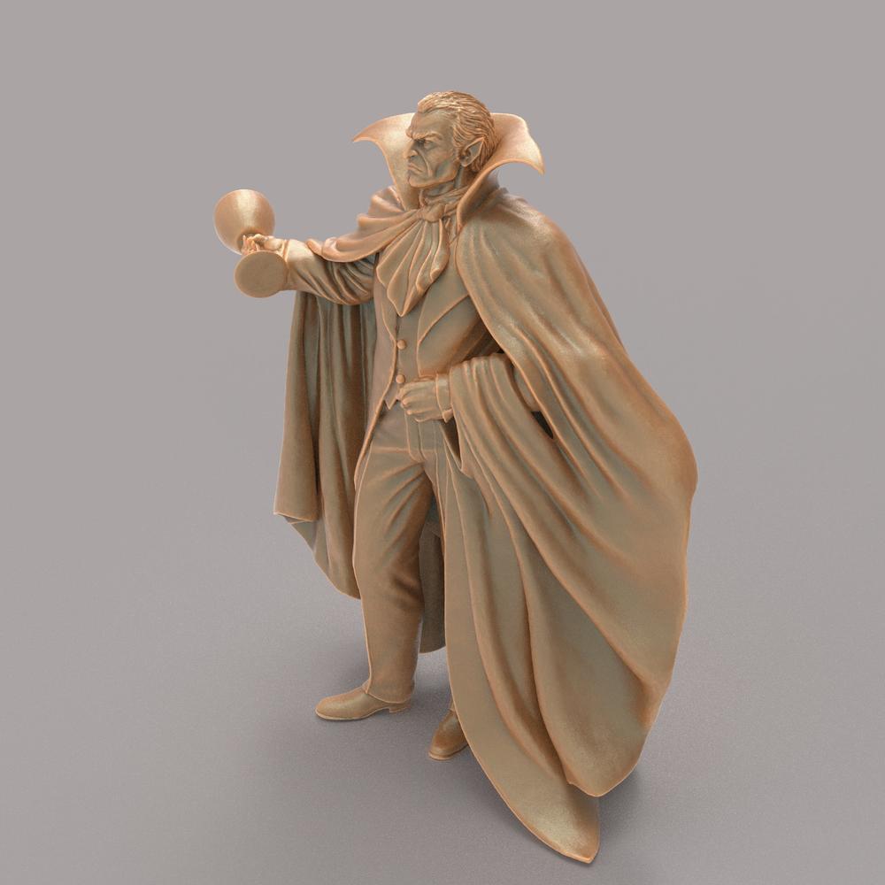 Unpainted terracotta-colored 3D printed resin miniature of Dracula in a formal suit and cape holding a goblet.