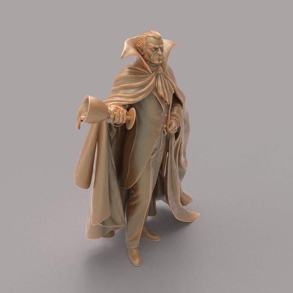 Unpainted terracotta-colored 3D resin model of Dracula wearing a high-collared cape and holding a goblet.