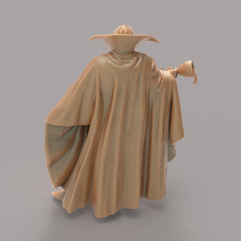 Unpainted terracotta-colored 3D printed resin miniature of Dracula wearing a high-collared cape and holding a goblet.