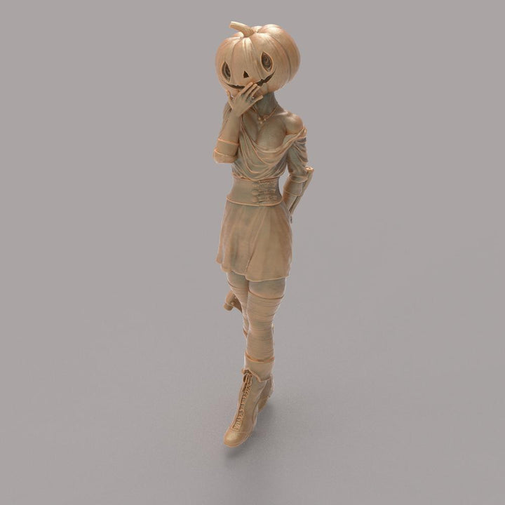 Unpainted 3D printed resin miniature of a woman with a pumpkin head, wearing a corset dress and boots.