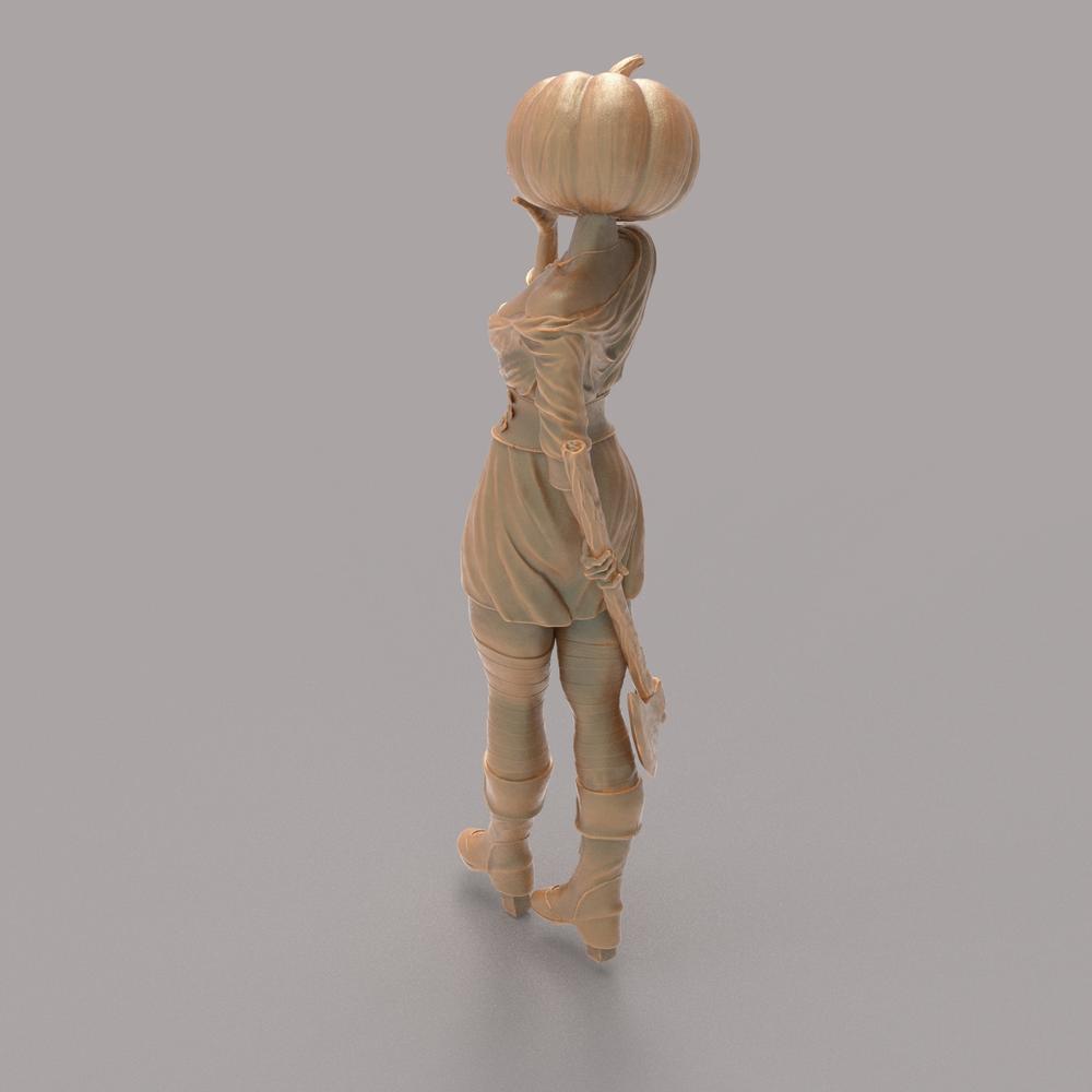 Unpainted terracotta resin 3D model of a Pumpkin Lady figure holding an axe, viewed from the side.