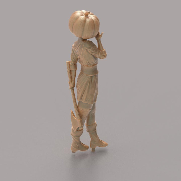 Unpainted terracotta resin miniature of a woman with a pumpkin head, holding an axe, for diorama and hobby modeling.