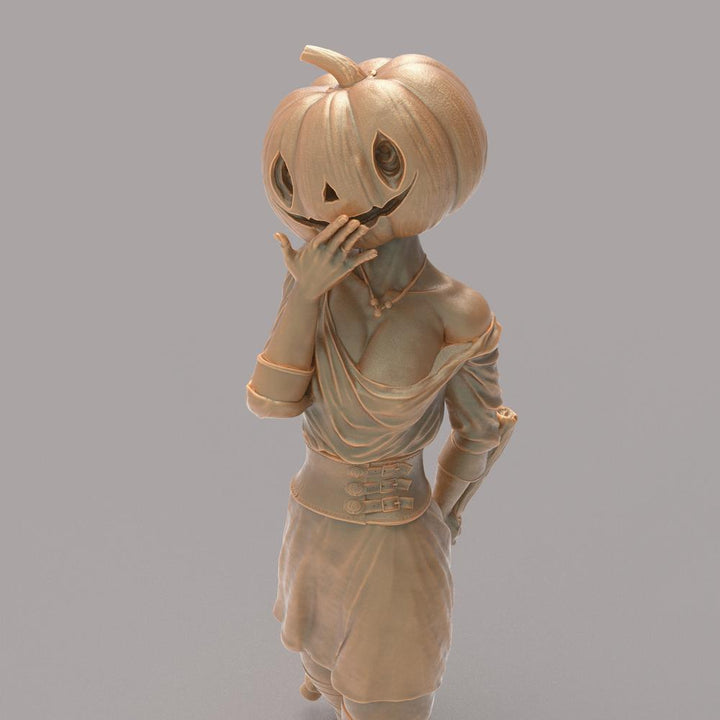 Unpainted 3D printed resin miniature of a woman with a carved pumpkin head, wearing a corset and dress, grey background.