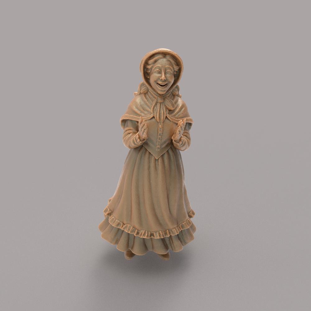 Unpainted 3D printed resin miniature of a Victorian-style woman in a bonnet and dress for diorama scenery.