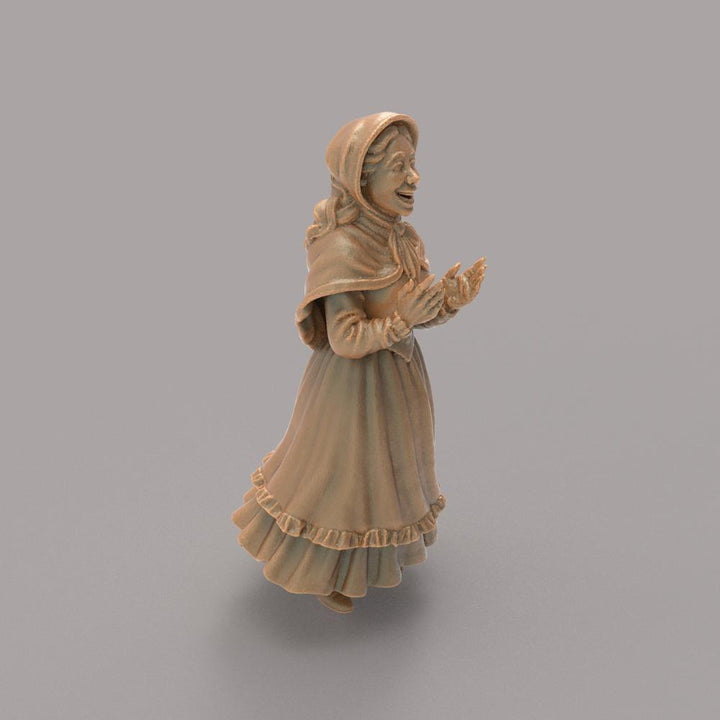 Unpainted terracotta resin miniature of a Victorian woman in a bonnet and ruffled dress for diorama scenery.