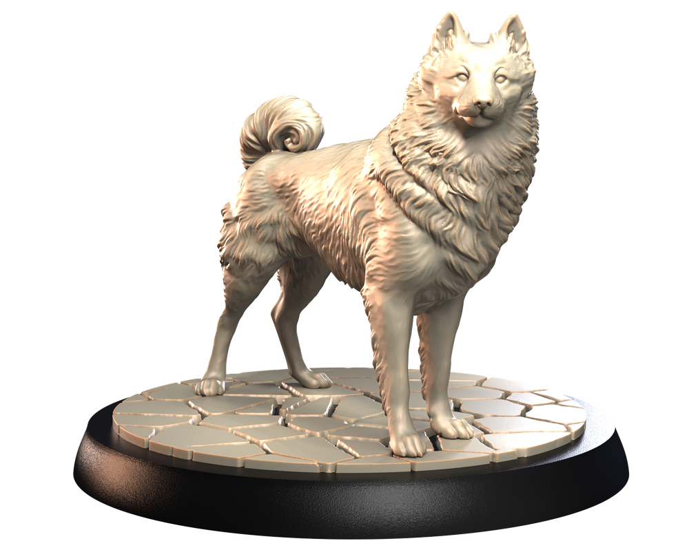 Unpainted 3D printed Schipperke dog miniature standing on a textured stone-effect base for dioramas.
