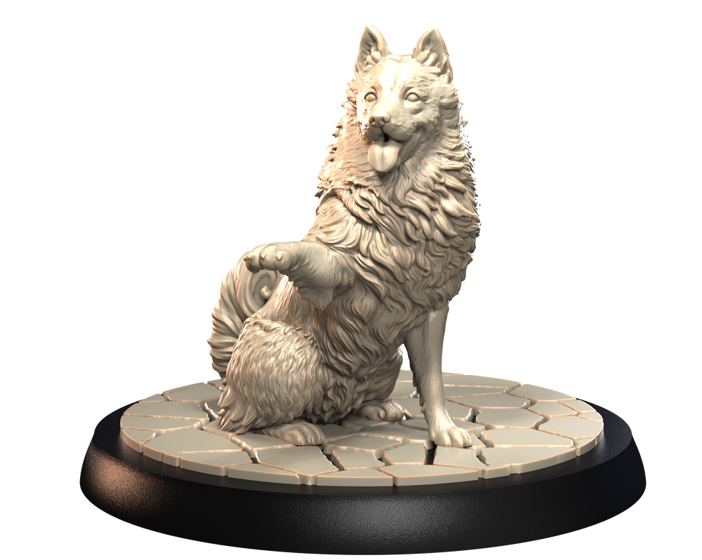 Unpainted 3D printed resin Schipperke dog miniature sitting on a textured stone base, detailed fur and paw raised.