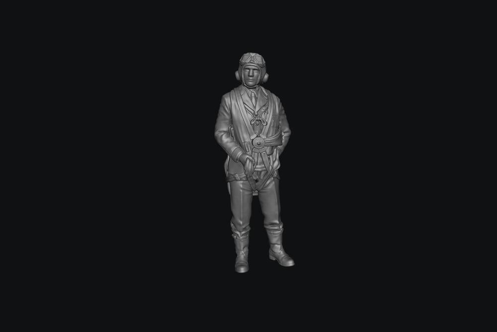 Unpainted grey resin 3D printed model of a WW2 RAF fighter pilot in uniform with flight gear and goggles.