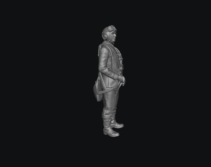 Unpainted grey resin 3D model of a WW2 RAF fighter pilot in flight gear, standing in profile.