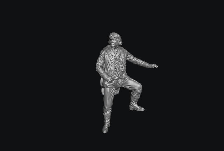 Unpainted grey 3D printed resin miniature of a WW2 RAF pilot climbing, featuring detailed flight gear and uniform.