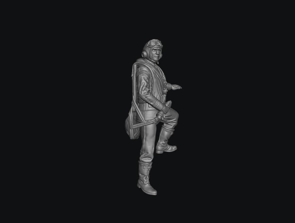Unpainted grey 3D printed resin miniature of a WW2 RAF pilot climbing into a cockpit, detailed scale model figure.