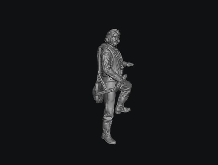Unpainted grey 3D printed resin miniature of a WW2 RAF pilot climbing into a cockpit, detailed scale model figure.