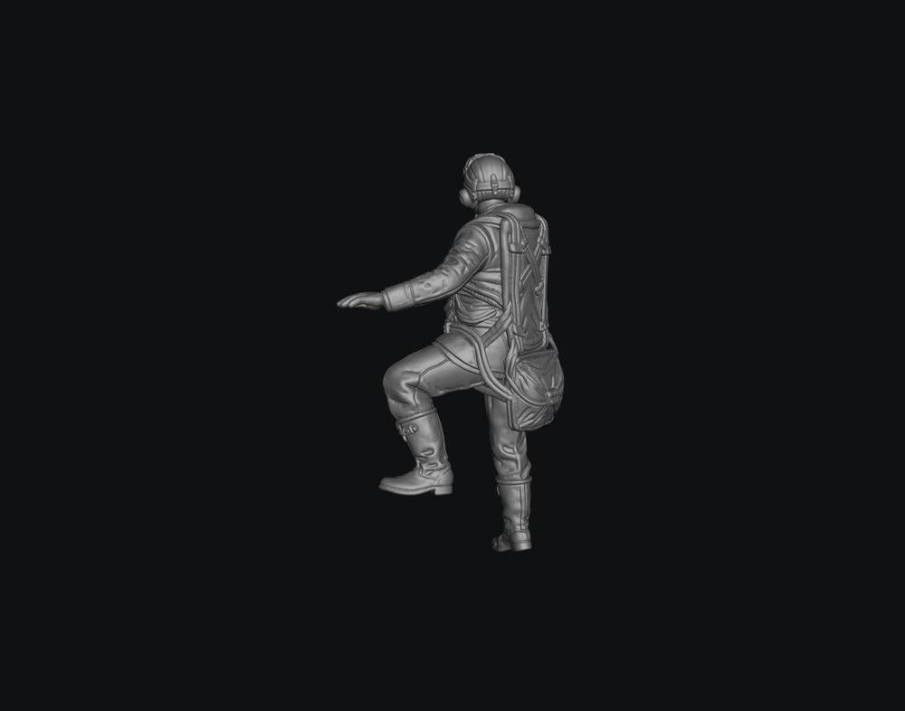 Unpainted grey resin 3D model of a WW2 RAF pilot climbing into a cockpit, showing detailed flight gear and uniform.
