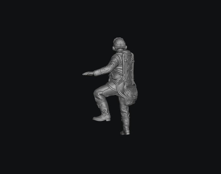 Unpainted grey resin 3D model of a WW2 RAF pilot climbing into a cockpit, showing detailed flight gear and uniform.