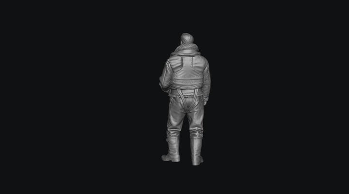 Unpainted grey 3D printed resin miniature of a WW2 RAF bomber crew member in flight gear, seen from behind.