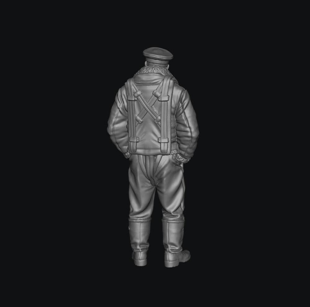Unpainted grey resin 3D model of a WW2 RAF bomber crew member in flight gear, seen from the back.