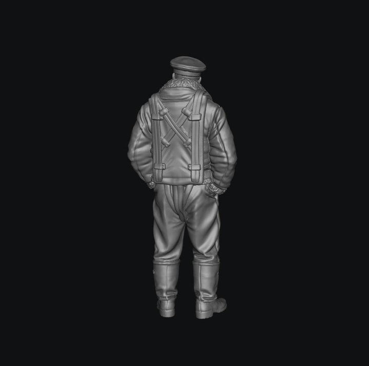 Unpainted grey resin 3D model of a WW2 RAF bomber crew member in flight gear, seen from the back.
