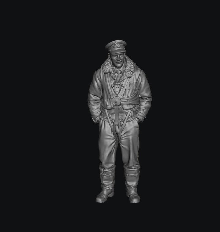 Unpainted grey resin 3D model of a WW2 RAF bomber crew member in a flight jacket and cap for military dioramas.