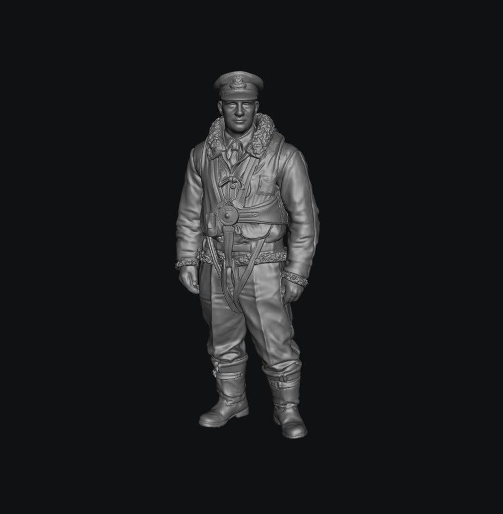 Unpainted grey resin 3D model of a WW2 RAF bomber pilot wearing a flight jacket, cap, and gear for dioramas.