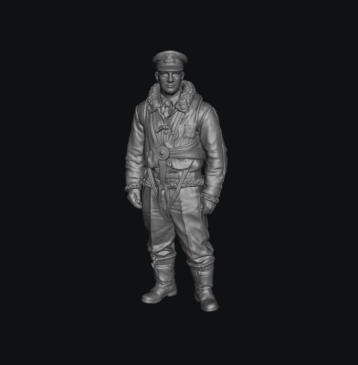 Unpainted grey resin 3D model of a WW2 RAF bomber pilot wearing a flight jacket, cap, and gear for dioramas.