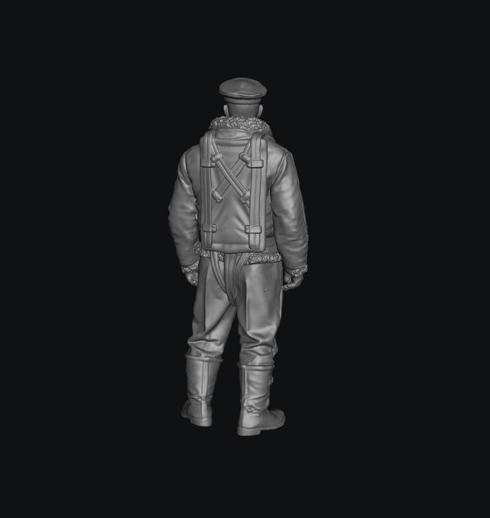 Unpainted grey resin 3D model of a WW2 RAF bomber crew member in flight gear, viewed from the back.