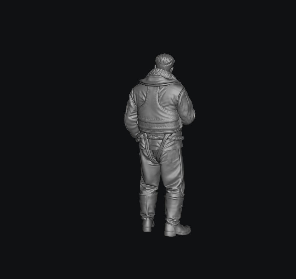 Unpainted grey 3D printed miniature of a WW2 RAF bomber crew member in flight gear, viewed from behind.