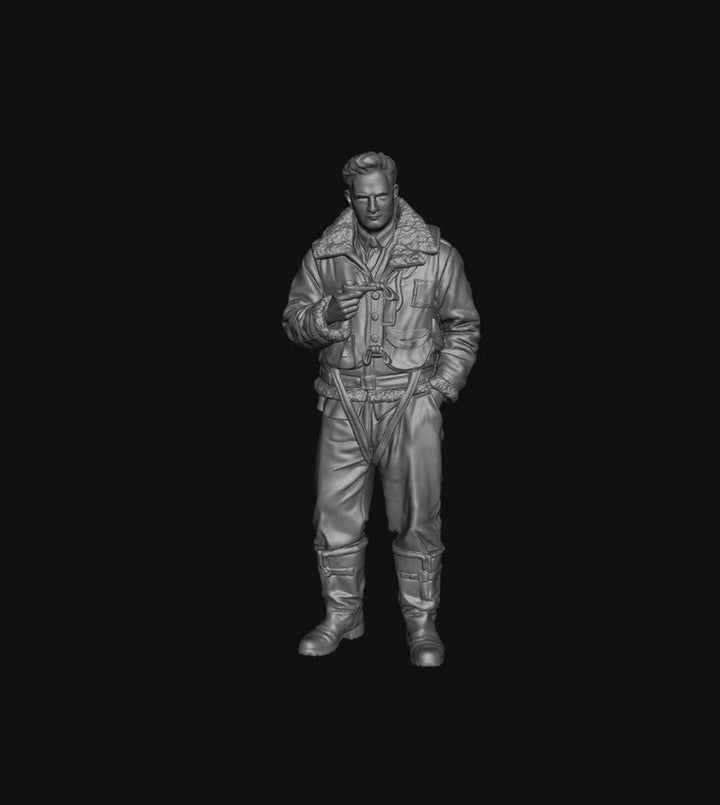 Unpainted grey resin 3D model of a WW2 RAF bomber crew member in a shearling flight jacket and boots.