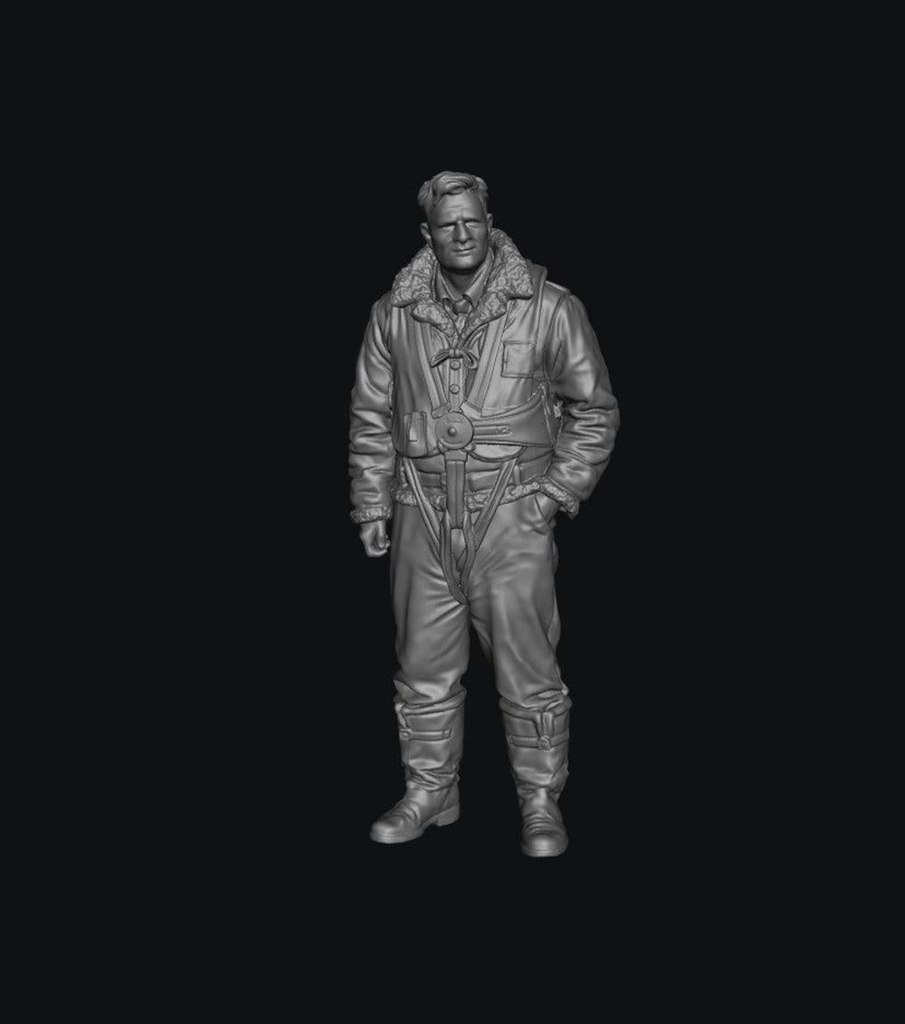 Unpainted grey 3D printed miniature of a WW2 RAF bomber pilot in a flight suit and shearling jacket.