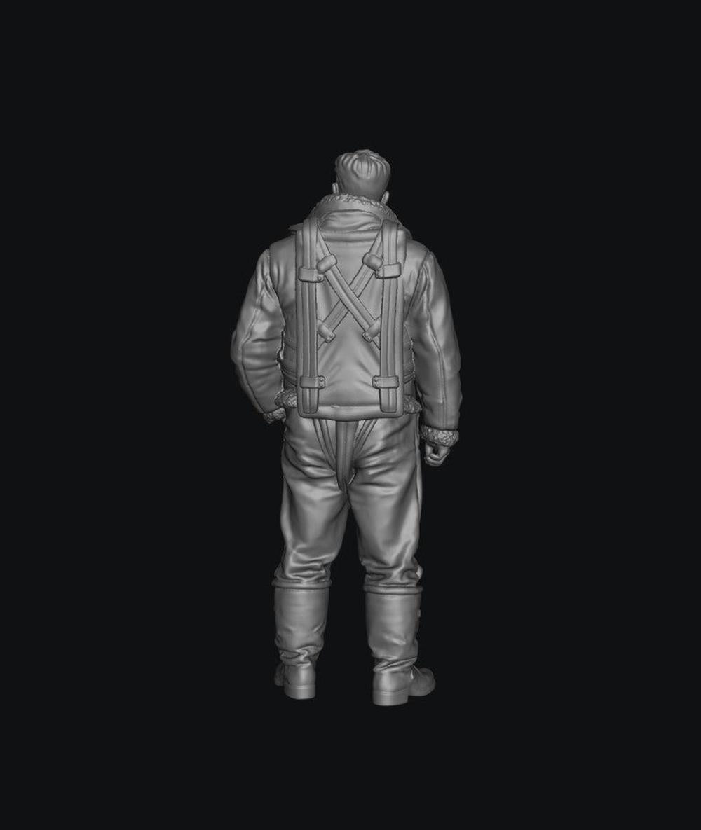 Unpainted grey resin 3D model of a WW2 RAF bomber crew member in flight gear, seen from the back.