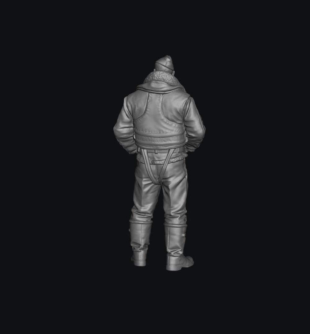 Unpainted grey 3D resin model of a WW2 RAF bomber crew member in a flight jacket and gear, viewed from behind.